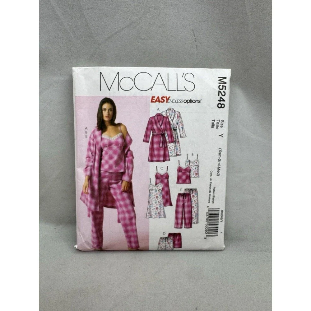McCalls Pajama Sewing Pattern M5248 Size XS Small Medium Robe Belt Nightgown